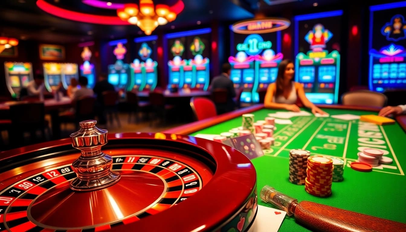Excited gamblers enjoying games at a nhà cái uy tín ở việt nam casino with roulette and poker tables.
