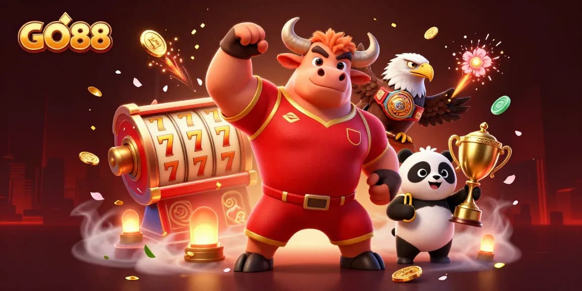 Win big with GO88's thrilling casino games surrounded by vibrant celebration elements.