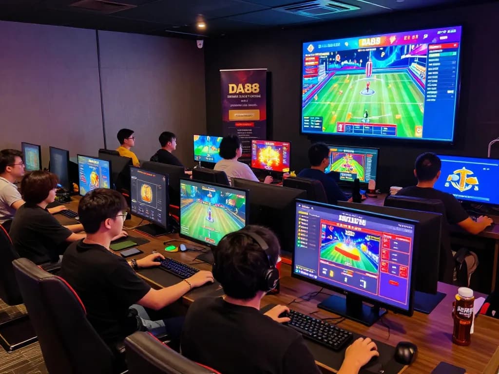 Engaging online gaming scene at https://da88.coach/ with players immersed in diverse entertainment options, showcasing modern technology and vibrant atmosphere.