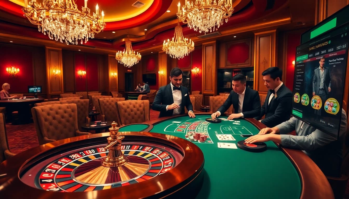 Experience intense gameplay at https://tg88.black/ with an elegant poker table and roulette wheel under luxurious lighting.