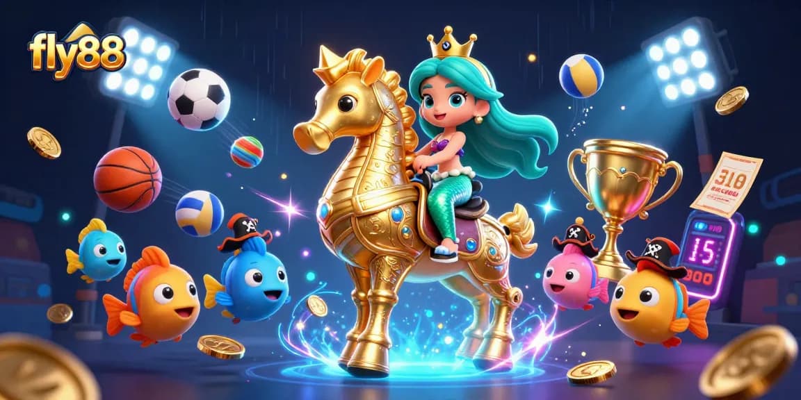 Experience excitement with fly88's dynamic 3D scene featuring a mermaid princess and sporting elements.