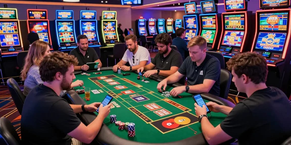 Engaging players at a lively casino that takes credit cards, showcasing diverse individuals enjoying games and vibrant gaming atmosphere.