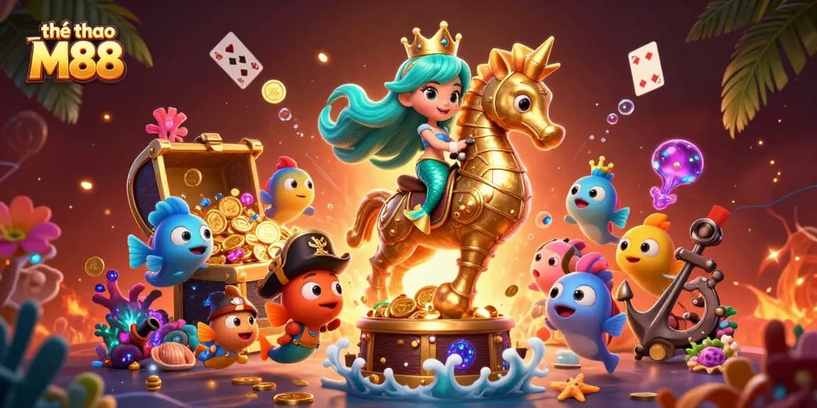 Engage with thể thao M88 in a vibrant 3D underwater world with colorful characters and rich gaming elements.
