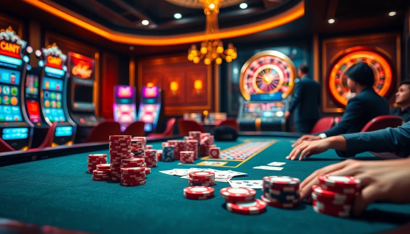 Engaged players enjoying a thrilling game at f8bet.com online casino featuring vibrant poker chips and luxurious ambiance.