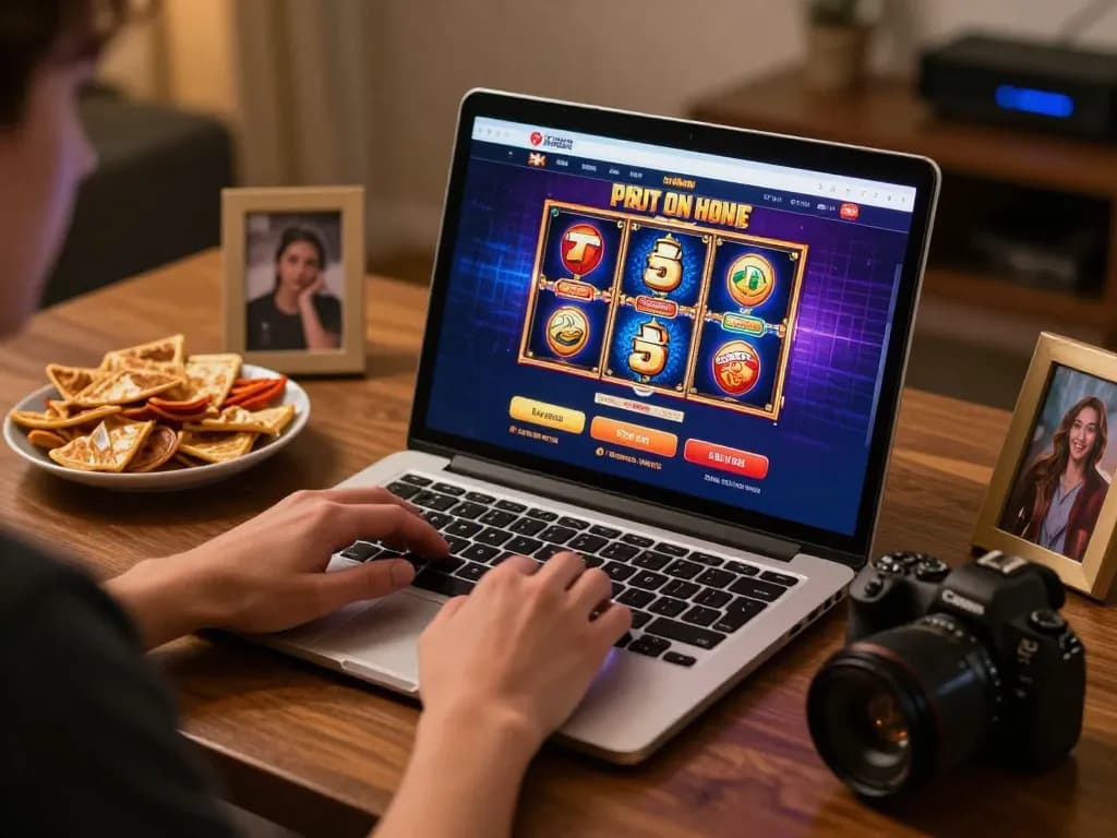 Player enjoying online slots on DW8 platform from home, featuring vibrant gameplay on laptop.