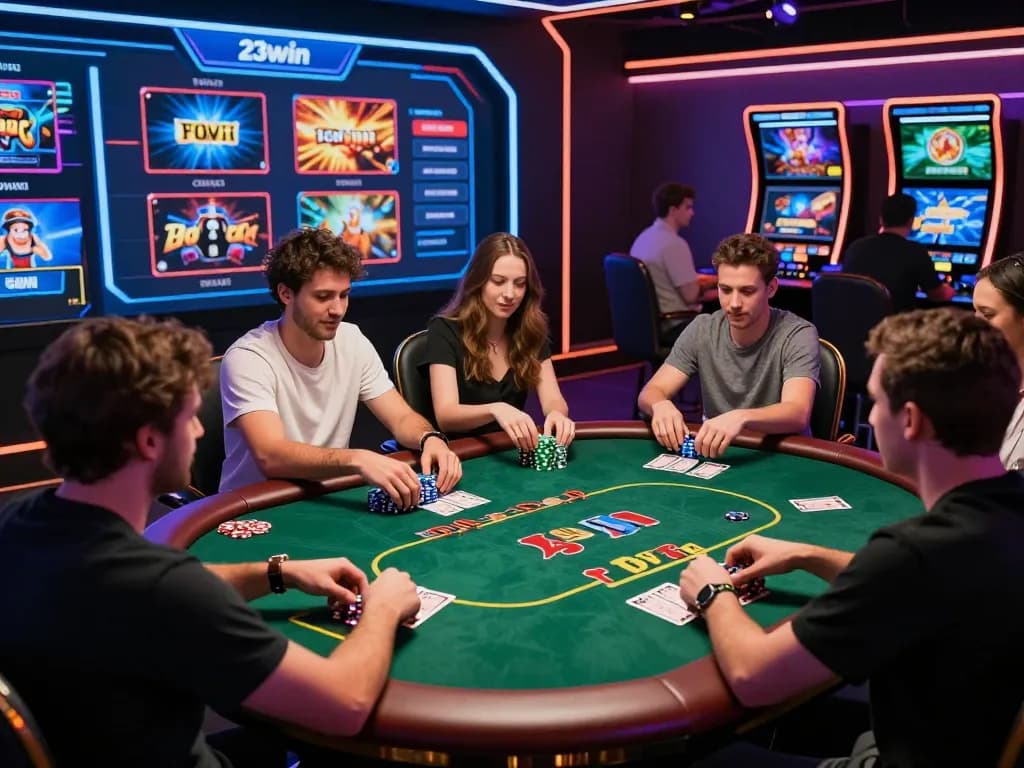 Exciting gameplay at 23win online casino with diverse players engaged in poker
