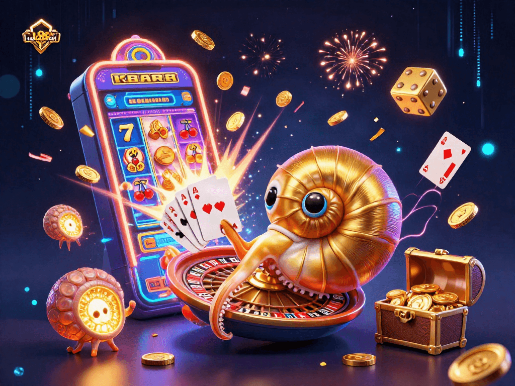 Engage with the vibrant world of uu88click featuring a giant nautilus roulette wheel and dynamic casino elements.