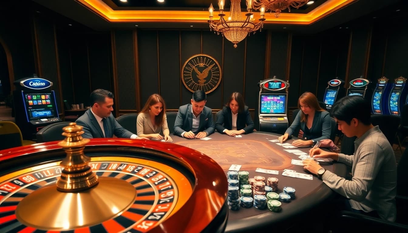 Players enjoy thrilling games at 188vcom's luxurious casino with vibrant slot machines and roulette tables.
