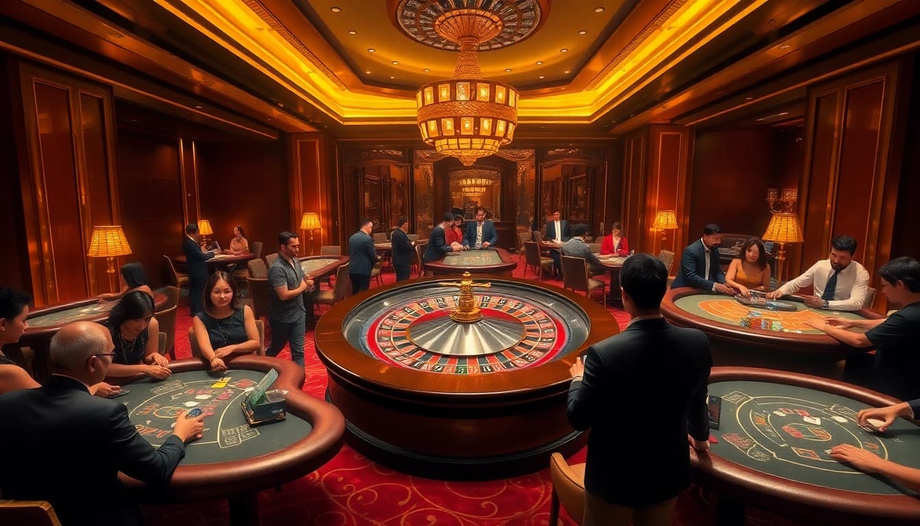 Exciting gambling atmosphere at a luxury casino featuring https://da88.navy/ roulette, poker, and blackjack tables.