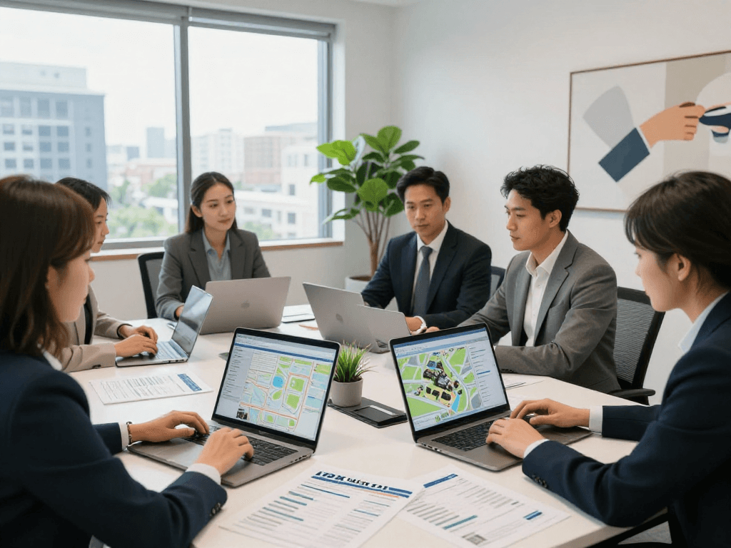 Real estate agents discussing IDXSTAR property listings in a modern office setting, showcasing collaboration.