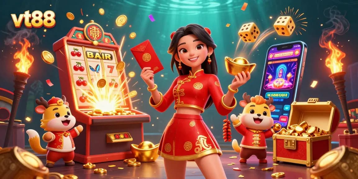 Experience excitement at vt88 with vibrant casino scenes and festive characters in stunning 3D illustration.