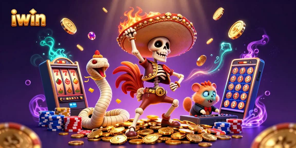 Win big with iwin's exciting slots featuring vibrant characters and shimmering coins.