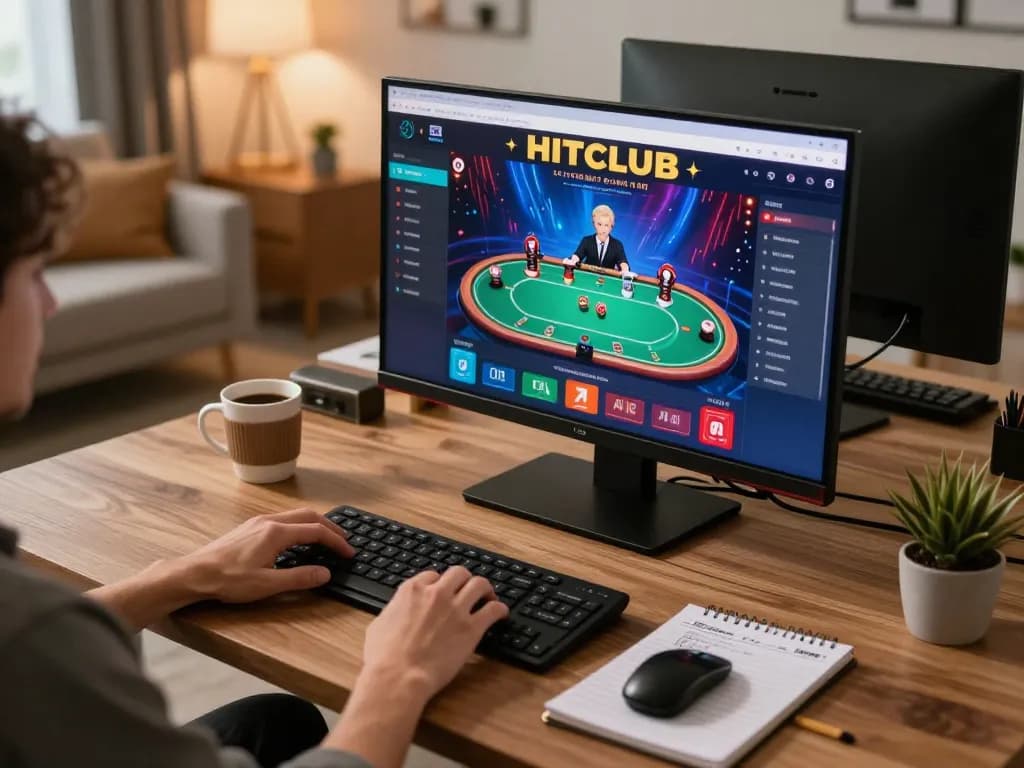 Engaged player strategizing on HITCLUB online poker, highlighting immersive gaming environment.
