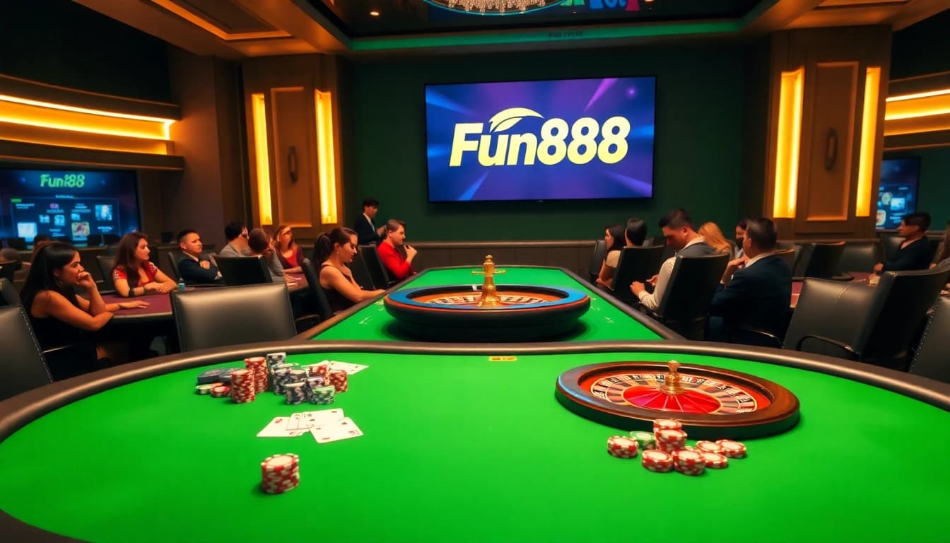 Fun88 players engaging at a vibrant poker table with colorful chips and cards, capturing casino excitement.
