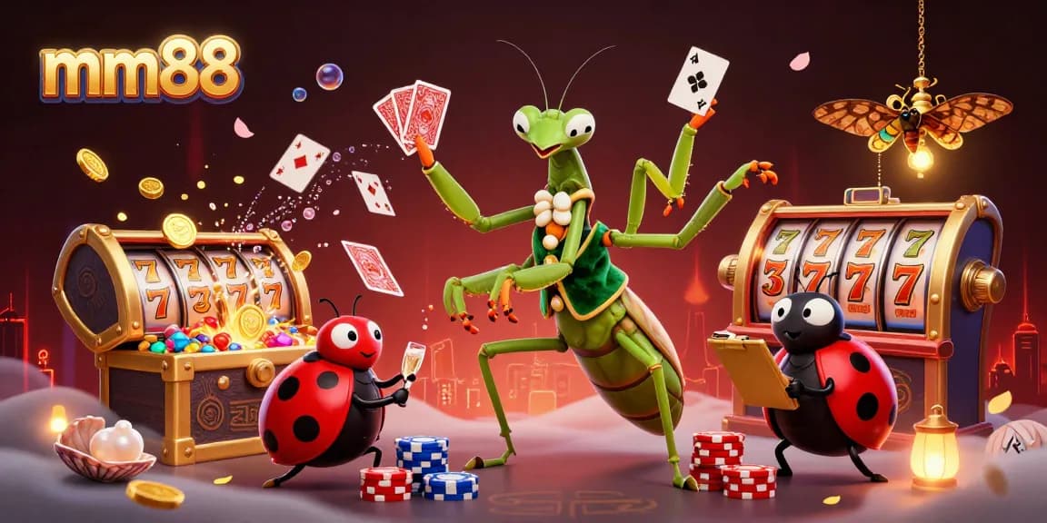 mm88's giant praying mantis card sharp thrills with slot reels and treasures in a vibrant casino scene