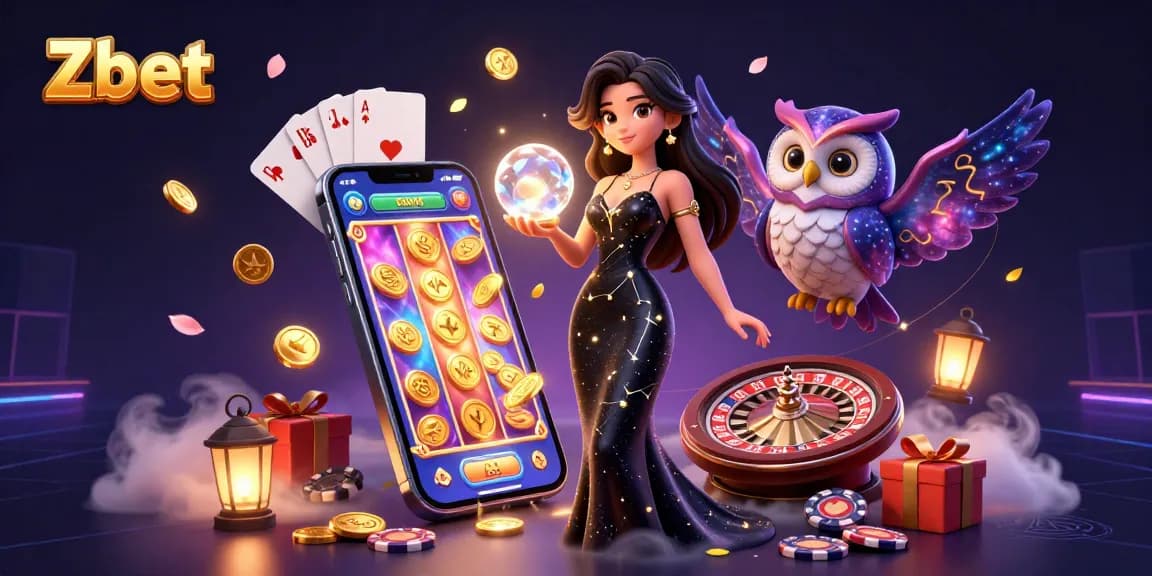Engage with Zbet's vibrant casino scene featuring a glowing crystal ball and dynamic slot games.