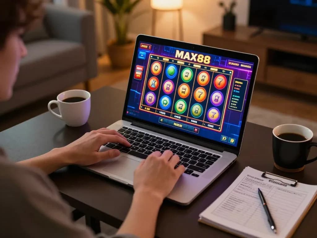 Engaging with the MAX88 online casino platform, spinning colorful slot reels on screen.