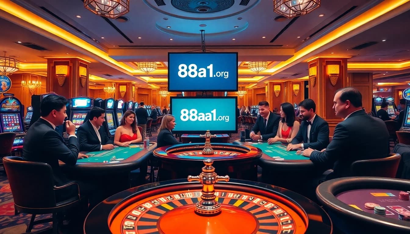 Players enjoying a thrilling game night at 88aa1.org, surrounded by vibrant slot machines and classic casino tables.