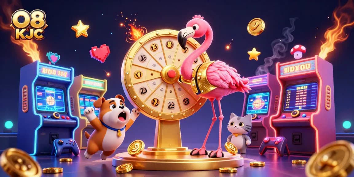 Engage with thrilling gameplay at O8 KJC as cartoon characters frolic amidst casino excitement.