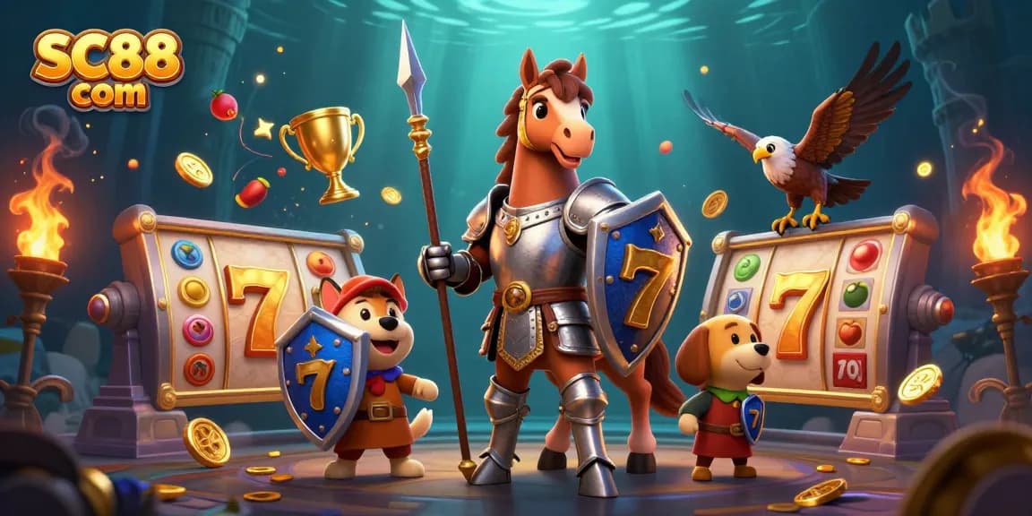 Engage with thrilling slots at SC88 com featuring a knight and squire in a rich casino scene.