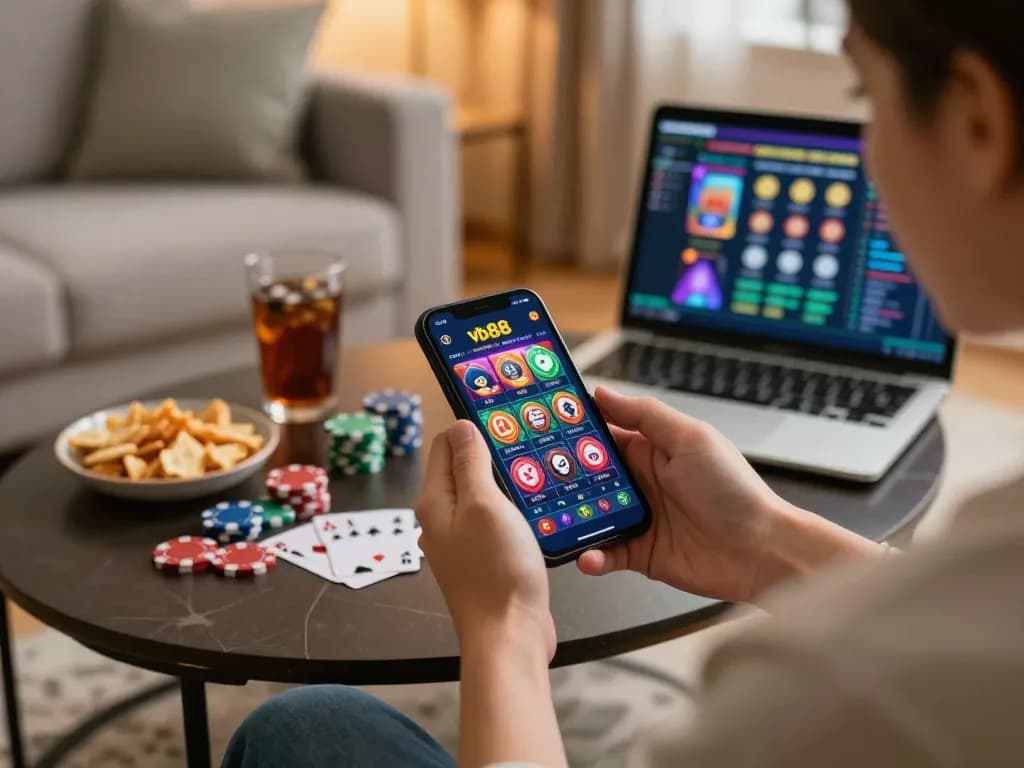 Engaging with vb88 mobile app on a smartphone while enjoying a home gaming session with snacks.