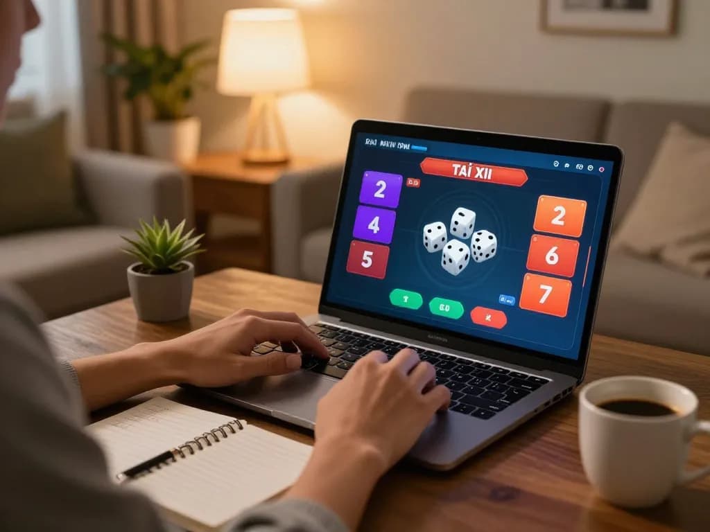 Person engaged in online Tài Xỉu gaming at home, showcasing gameplay on laptop with strategic notes present.