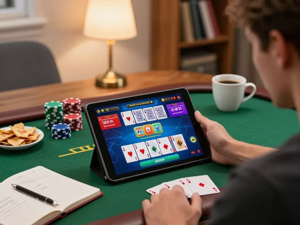Engaging gamer at home using nk88 app for online poker strategy with vibrant interface