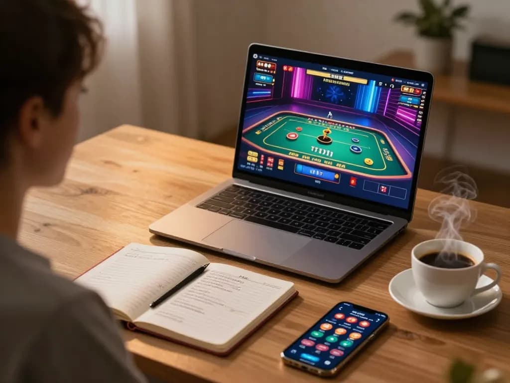 Playing live casino games at https://www.atqvn.com/ on a laptop in a cozy home setting