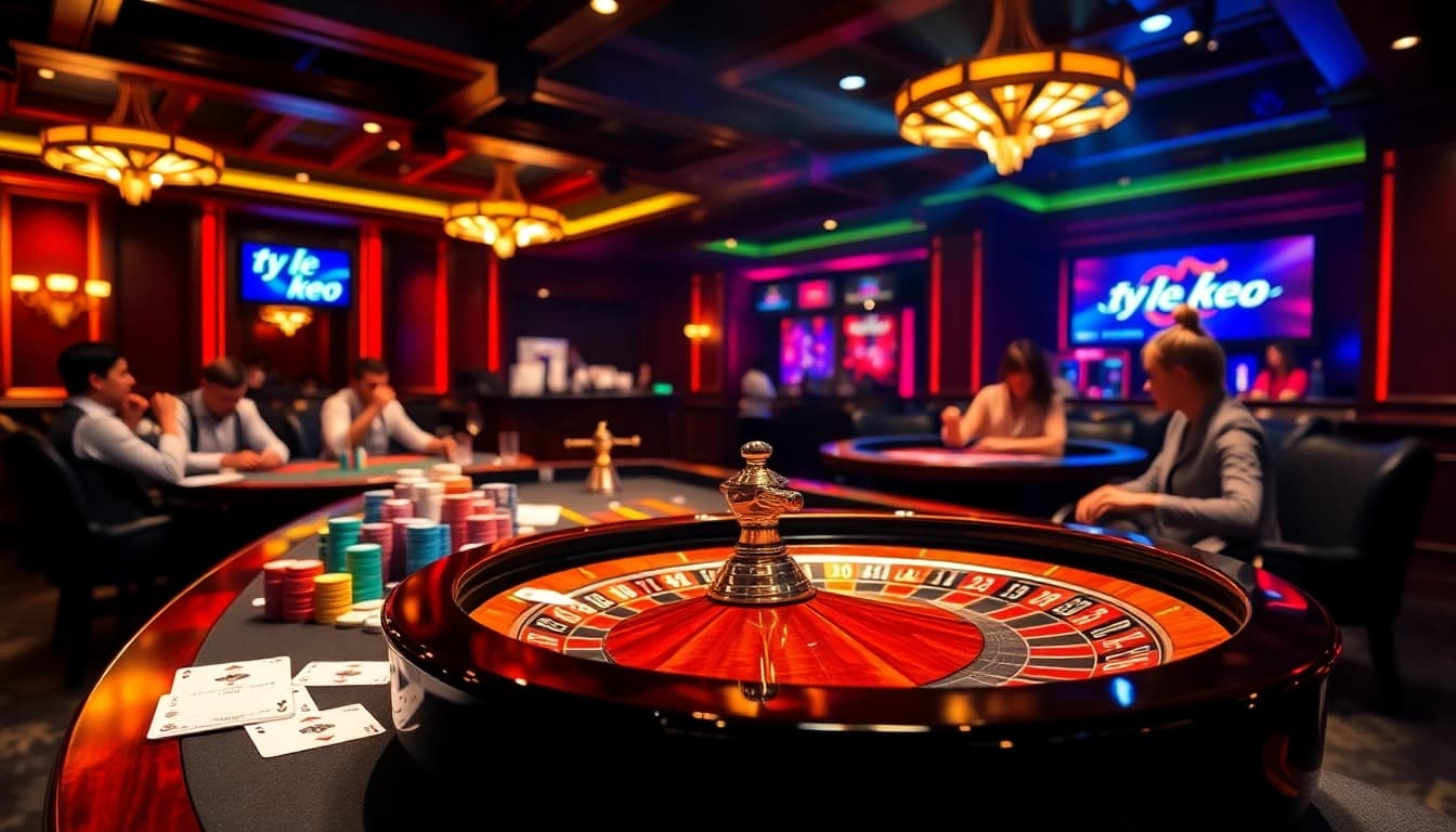 Catch the excitement of gambling with the sophisticated ty le keo casino scene featuring vibrant tables and players.