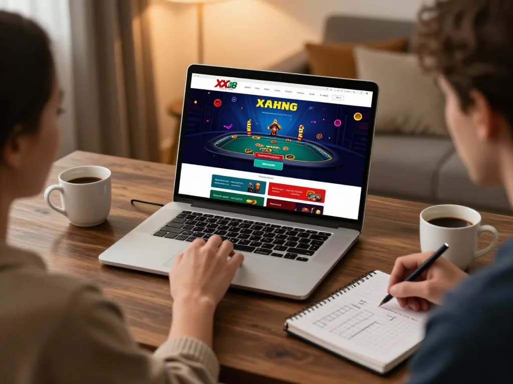 Engaging with XX88 online casino gaming at home with laptop and strategic notes.