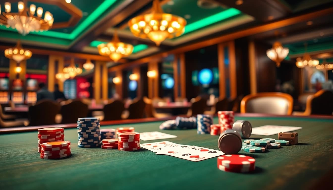 Engage with Game bài 98win at a vibrant casino table with cards, chips, and excitement.