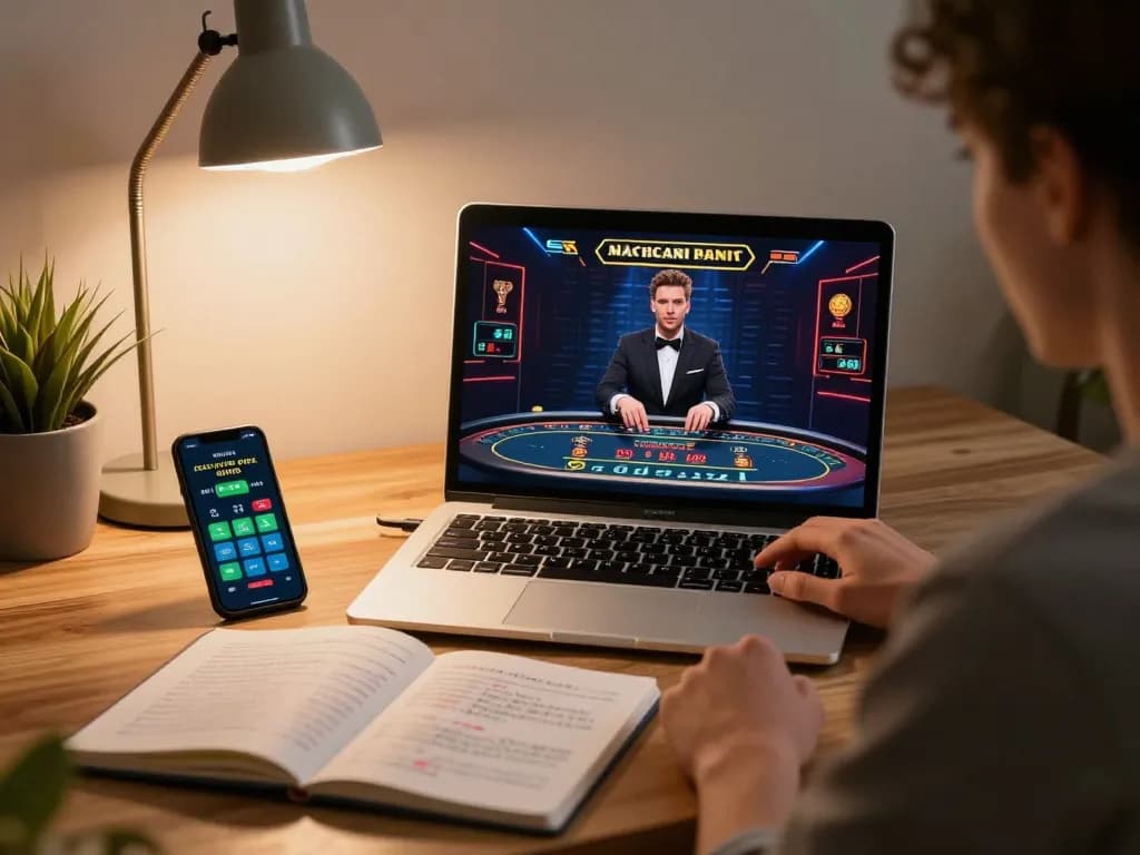 Fabet88z player enjoying live gameplay on a laptop with strategic notes nearby.