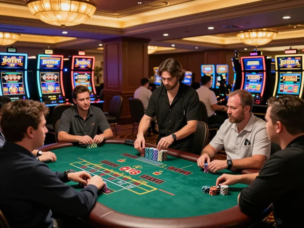 Experience the thrill of BJ888 blackjack as players engage in intense gameplay at a vibrant casino.