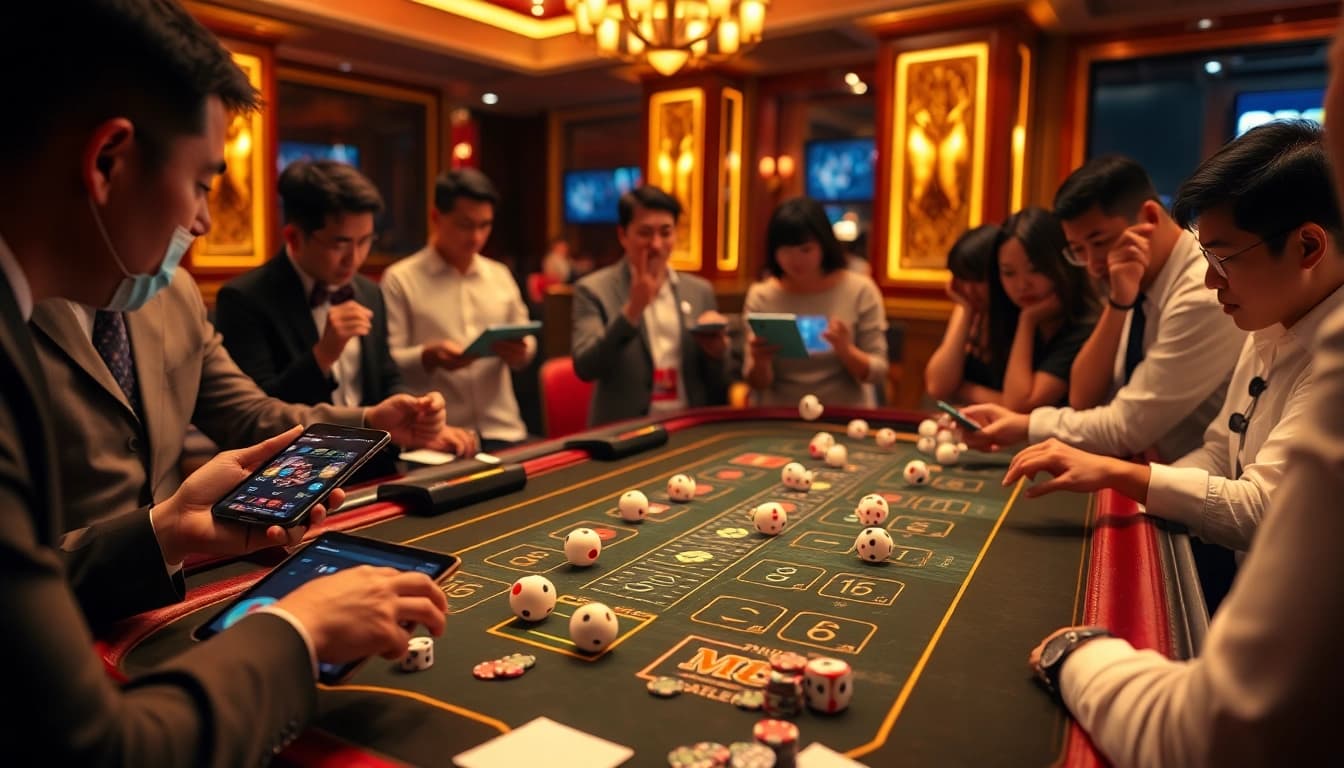 Players engaging in a thrilling Tài xỉu MD5 game at a vibrant casino table, capturing the excitement of online betting.
