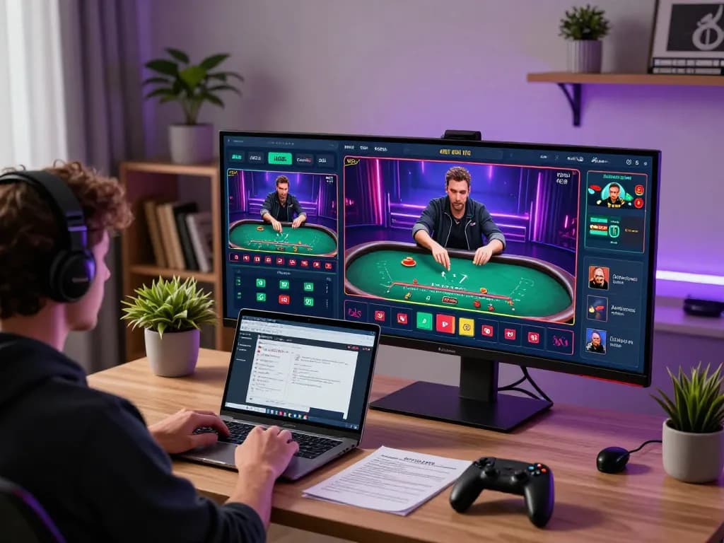 Experience strategic online blackjack gameplay on https://go8.agency/ with engaging live dealer action in a stylish home office.
