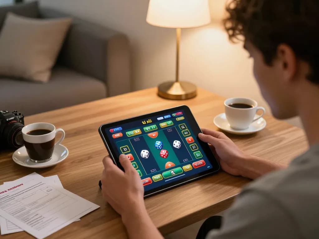 Engaged player enjoying a game of tài xỉu online on a tablet, surrounded by cozy home atmosphere