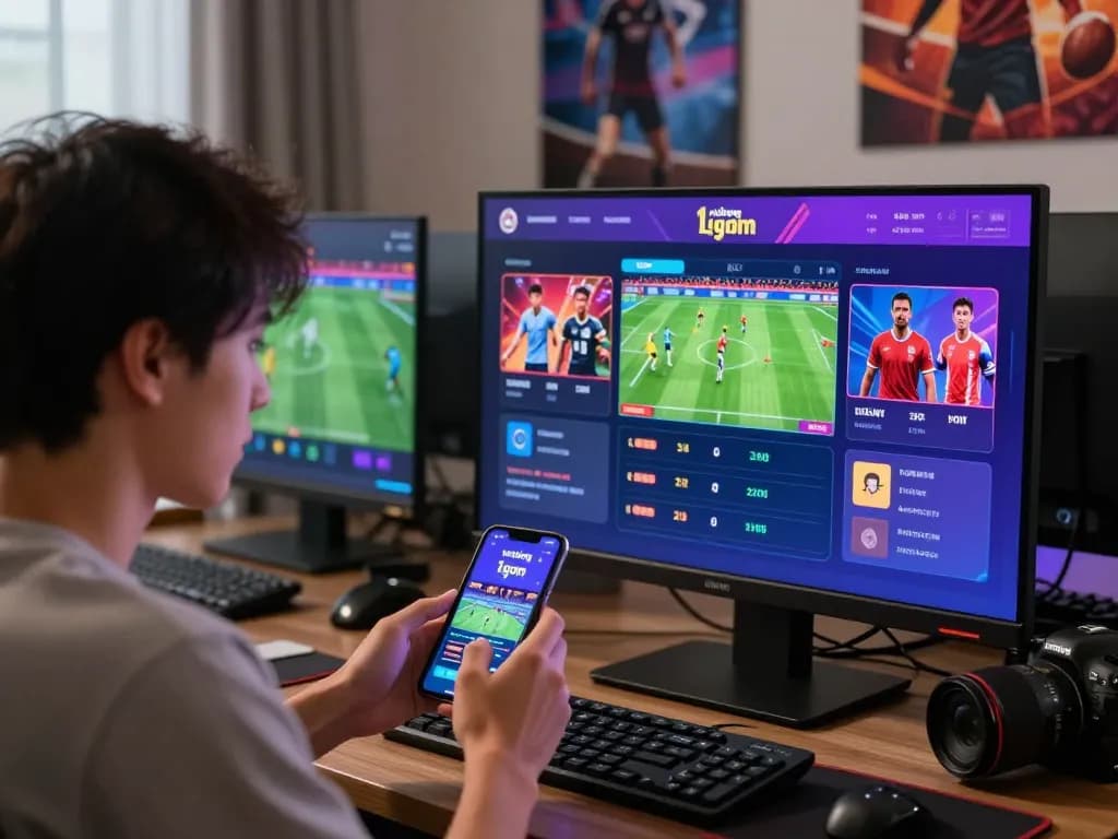 Enthusiastic user engaging with vaobong 1gom sports betting interface on smartphone amidst dynamic online gaming setup.