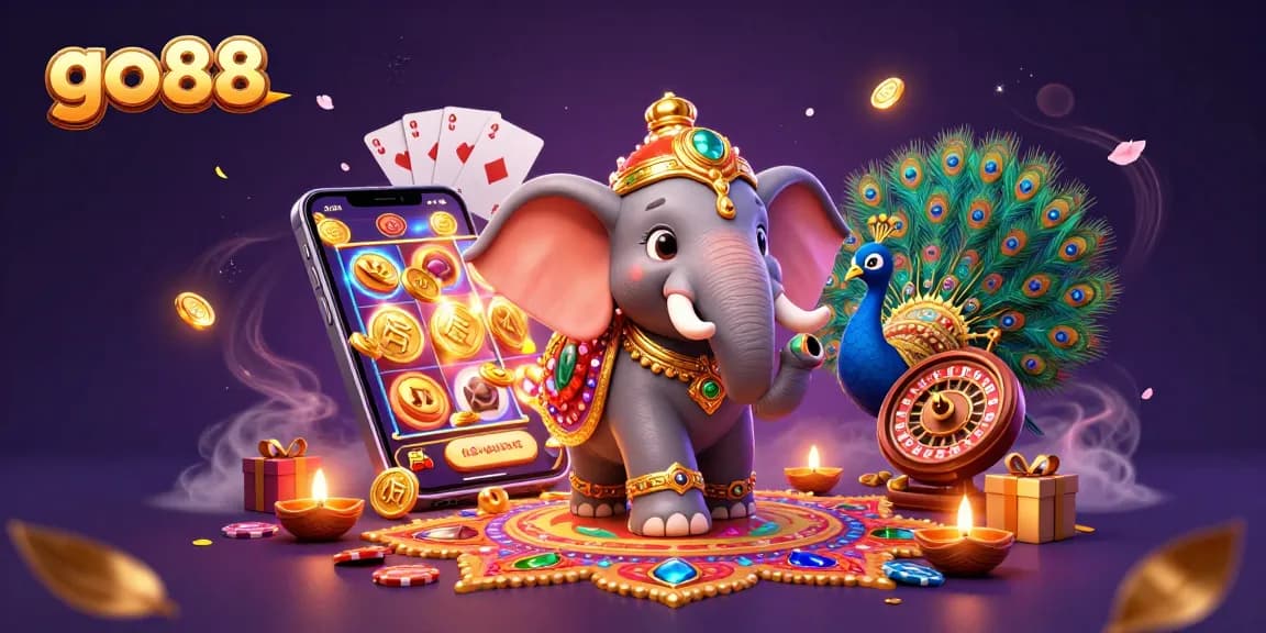 Experience go 88 excitement with a vibrant 3D illustration highlighting an elephant, peacock, and dynamic gambling elements.