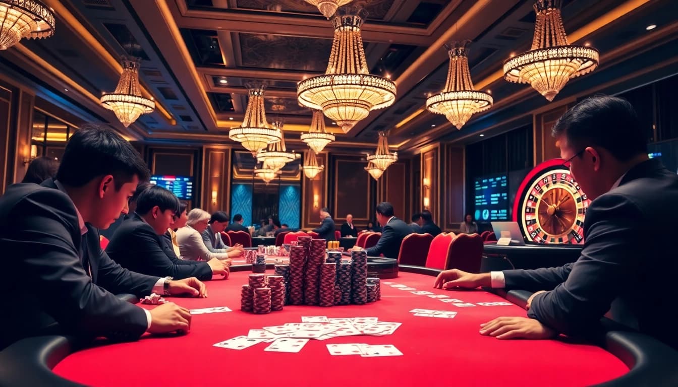 Engaging scene of a poker game at Trang chu daga featuring luxurious decor and high-stakes atmosphere.