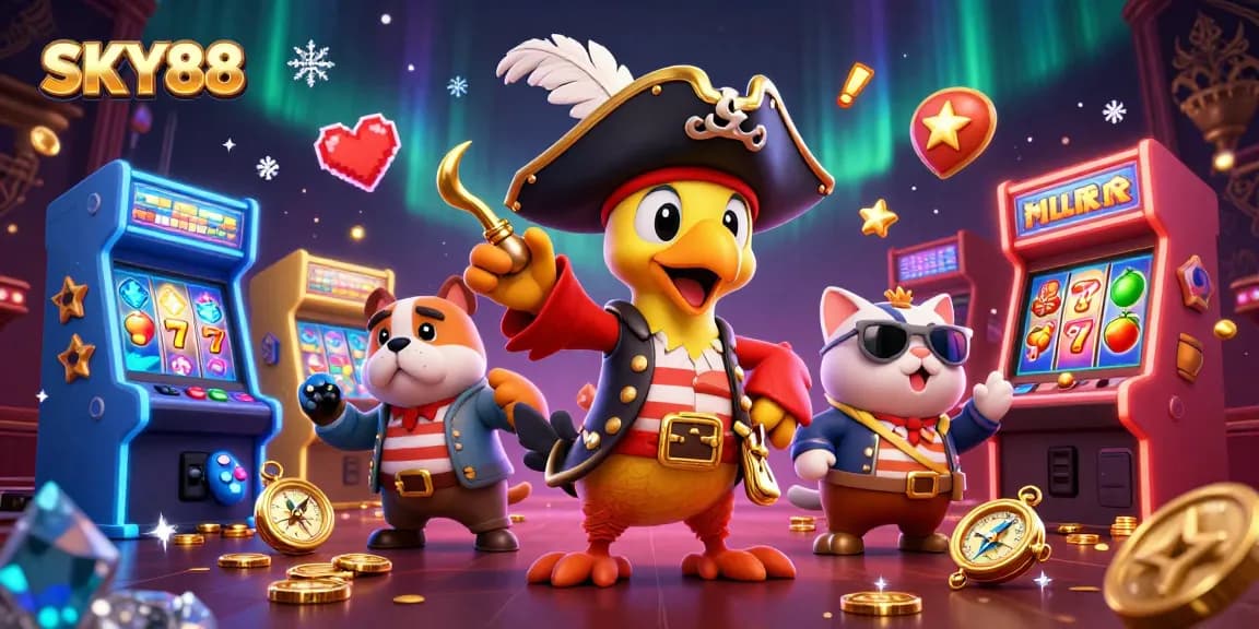 Engage in thrilling slots at SKY88 with vibrant cartoon characters and exciting game elements.