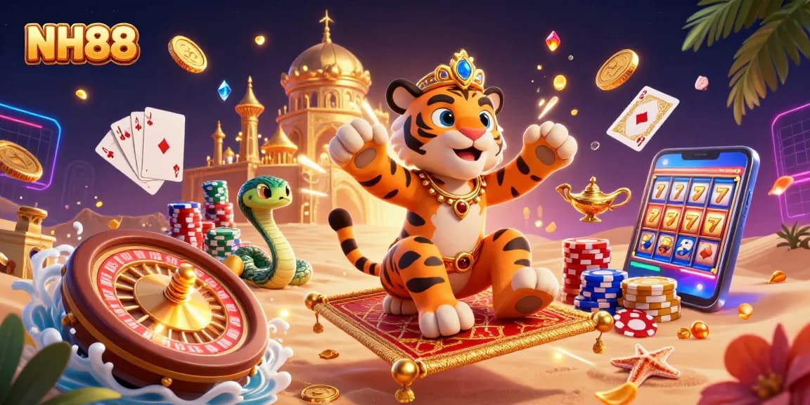 Experience the excitement of NH88 with a vibrant 3D casino scene filled with dynamic gaming elements.
