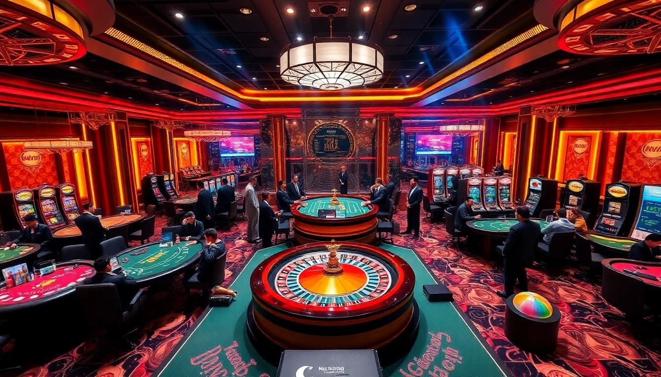 Players experiencing the excitement of Nhà Cái XIN88 at a vibrant casino, with roulette and slot machines.