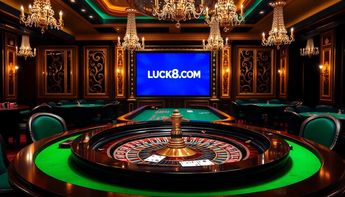 Experience high-stakes excitement at LUCK8 COM with vibrant casino elements like roulette and cards.