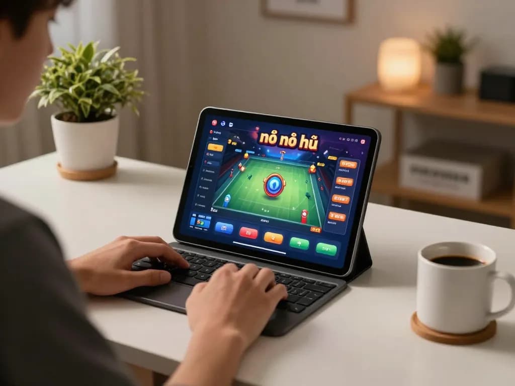 Player engaging in nổ hũ game on a tablet in a cozy home setting