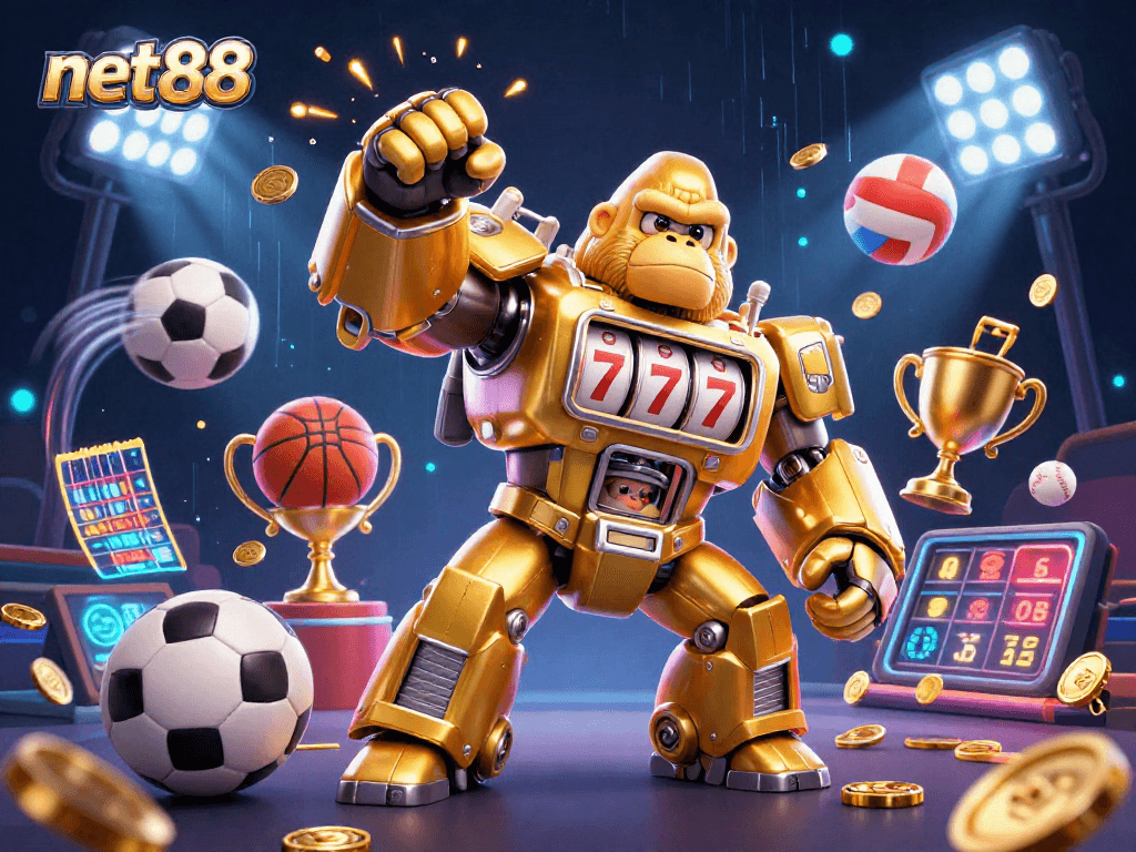 Experience net88's thrilling action with an explosive 3D casino scene of a golden gorilla mech