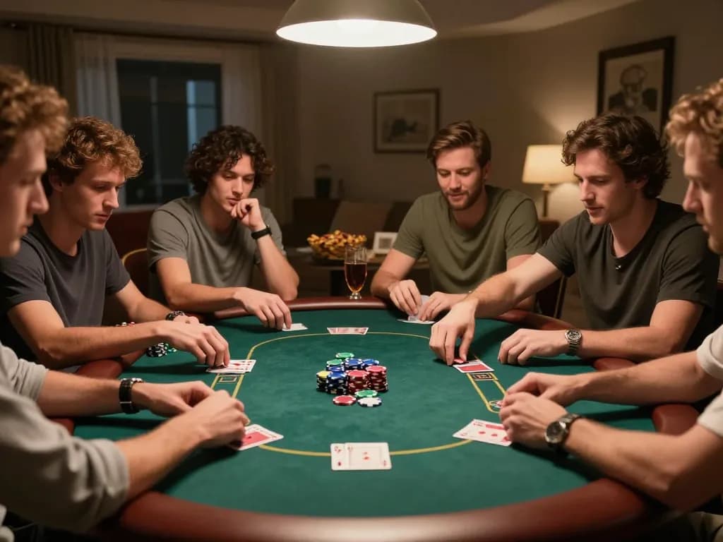 Usbet players unveiling cards at a lively poker night, showcasing excitement and strategy.