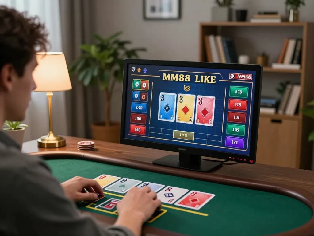 Player strategizing on MM88 online blackjack with focused gameplay interface and cozy home setting.