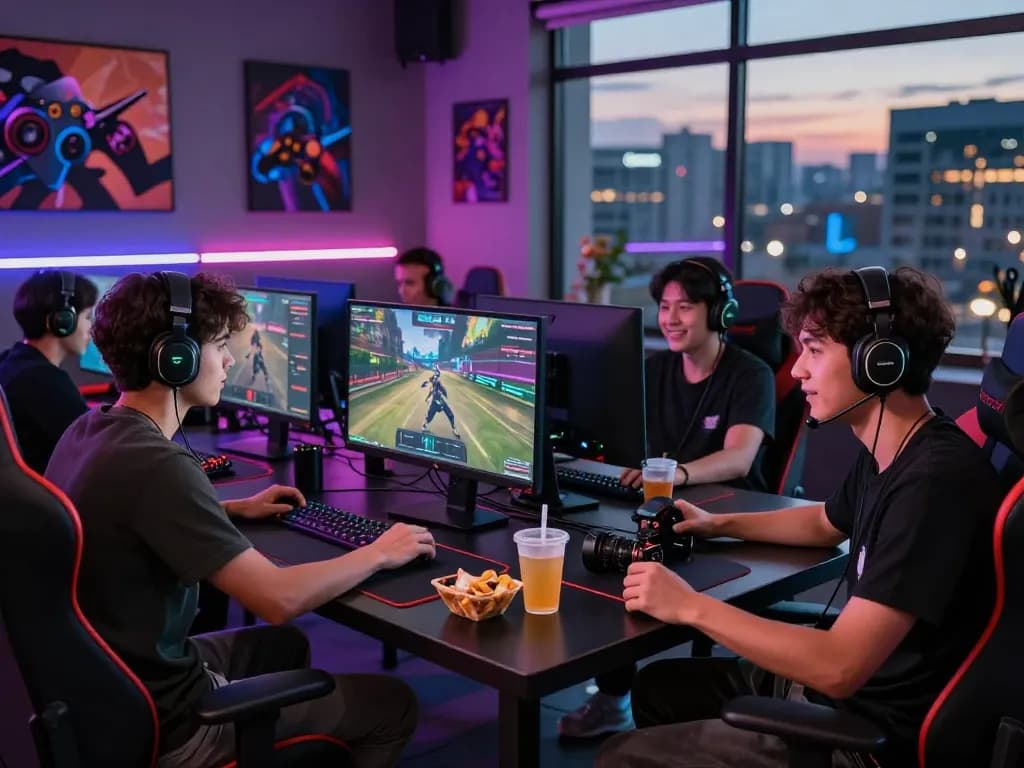 Engaged players in vibrant gaming lounge playing and downloading tải sunwin on their devices.