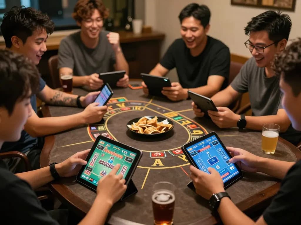 Engaging players enjoying Trang tài xỉu online mobile game with vibrant screens and social atmosphere