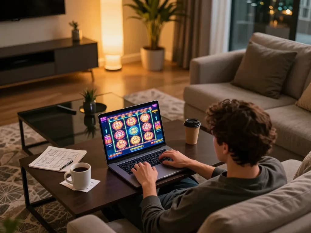 Engaged player experiencing dynamic online casino games at 88vv from a cozy home setting.